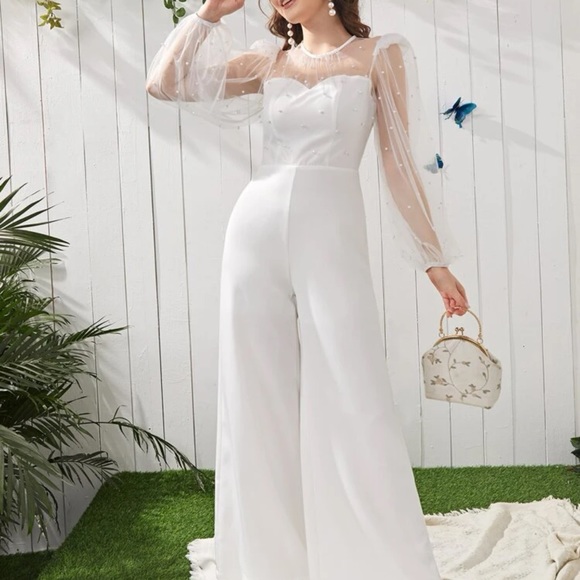 Woman’s White Jumpsuit w/ Tulle Sleeves with Pearls.Wide Leg. Size:Medium NWOT - Picture 16 of 16